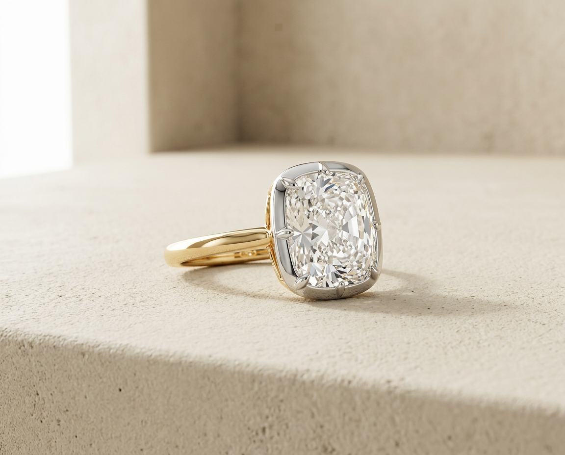 Three-quarter view of the RW pinky dome ring on cream concrete, elongated cushion diamond in a white gold bezel