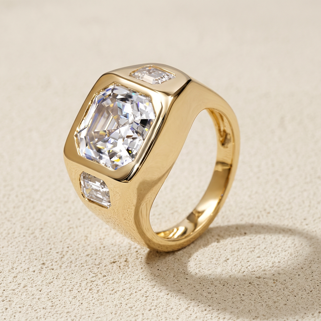 Three-quarter view of the RW men's Asscher signet showing the heavy yellow gold shank and flush-set emerald cut shoulder diamonds