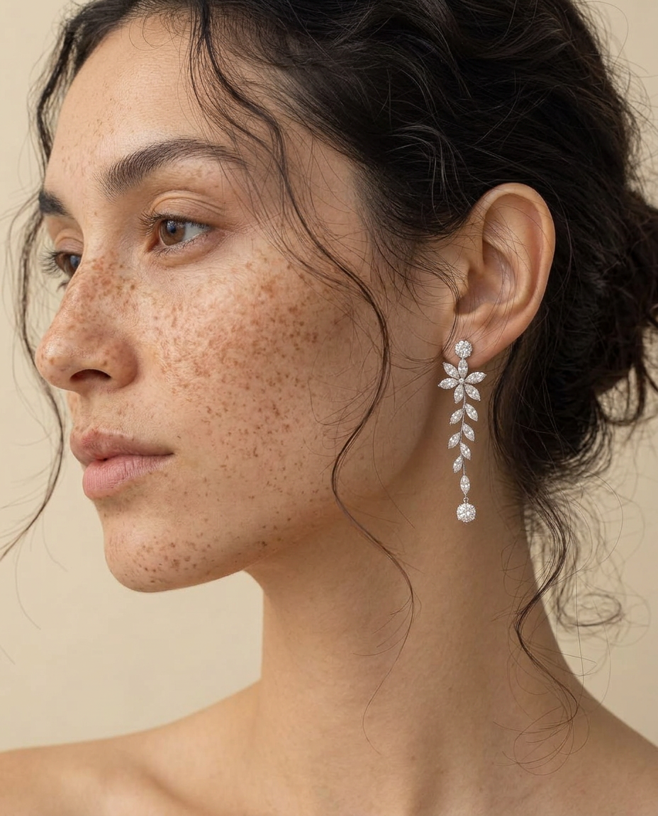 Editorial close-up of a woman wearing the RW floral vine diamond drop earring