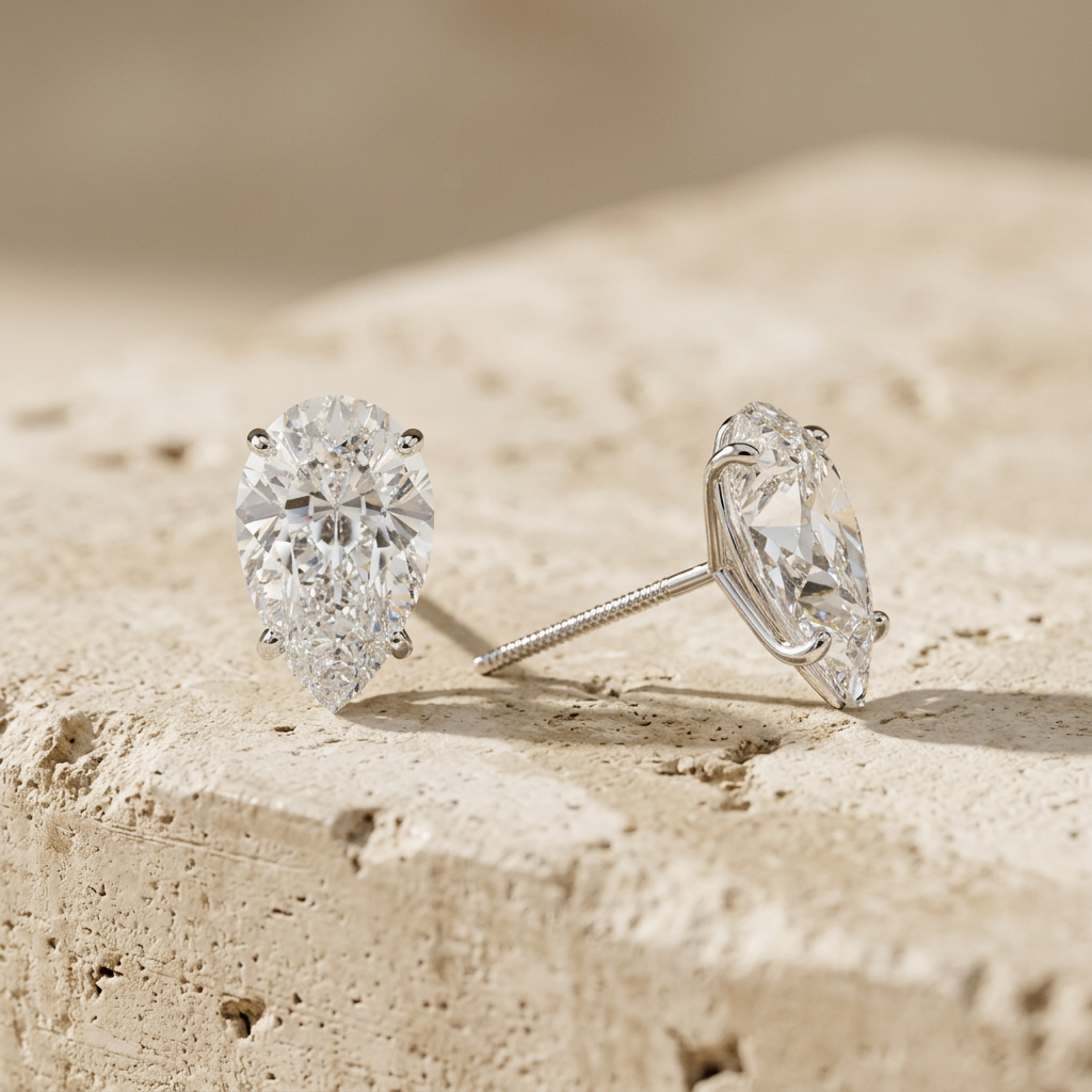 Pair of RW pear-shaped platinum diamond studs on warm cream textured concrete