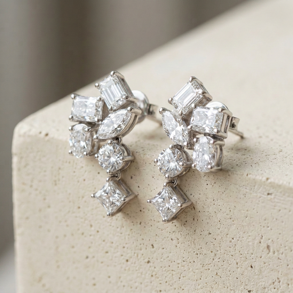 Close angled view of the mixed-cut diamond cluster drop earrings showing each claw-set stone, on a cream concrete plinth