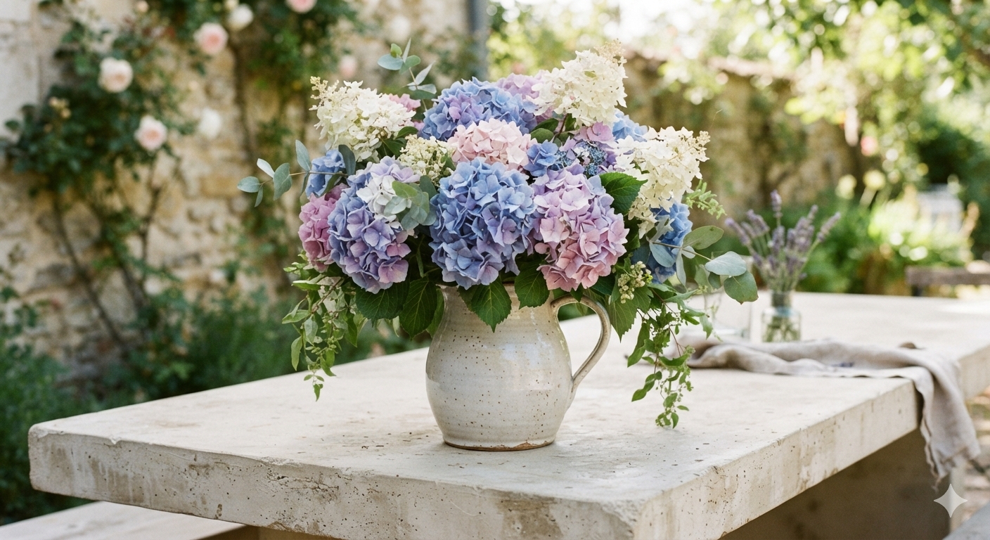 Hydrangeas in a ceramic jug on a limestone table in a sunlit garden