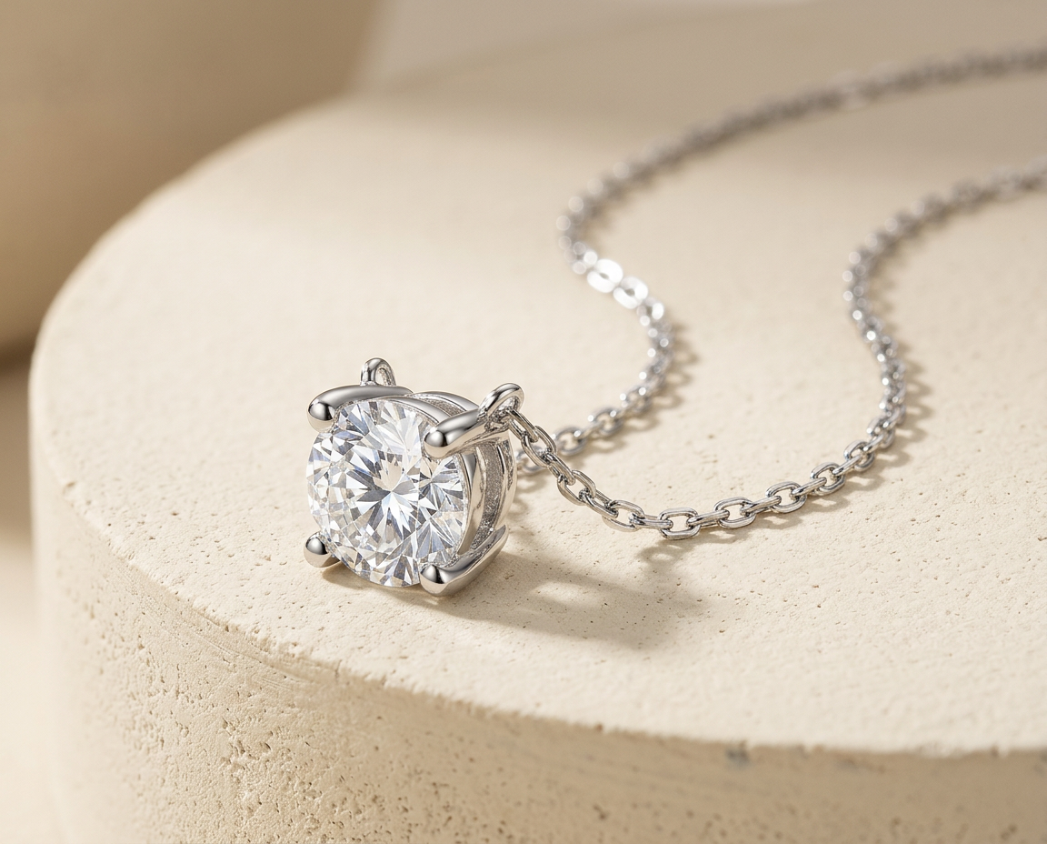 Profile view of the RW solitaire necklace in 9k White Gold