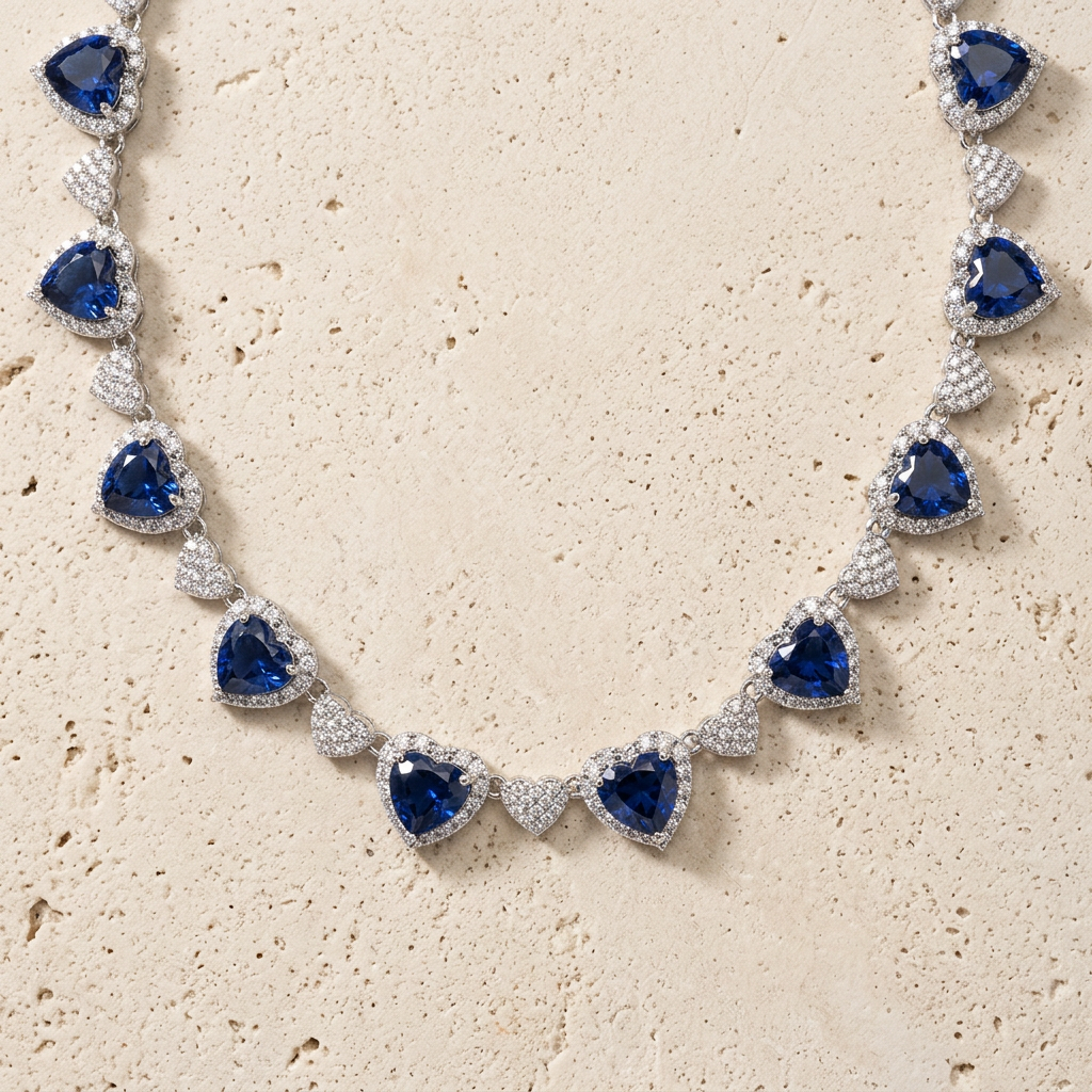 Front view of the RW sapphire heart necklace in 14k White Gold
