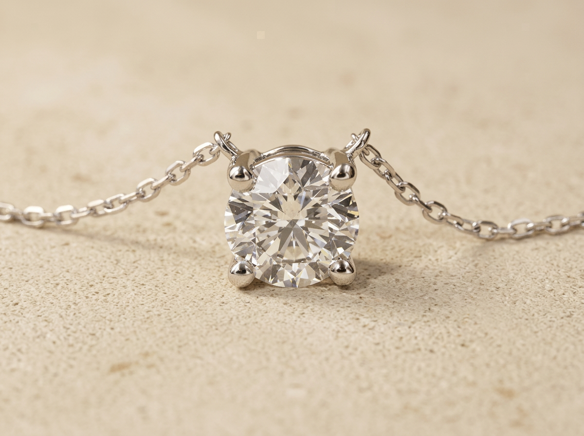 Setting view of the RW solitaire necklace in 9k White Gold