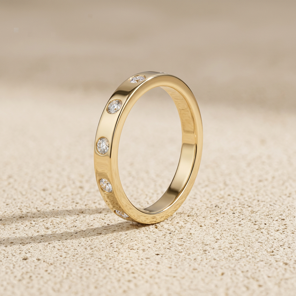 Side profile of the 18k yellow gold flush-set diamond band standing on cream textured concrete