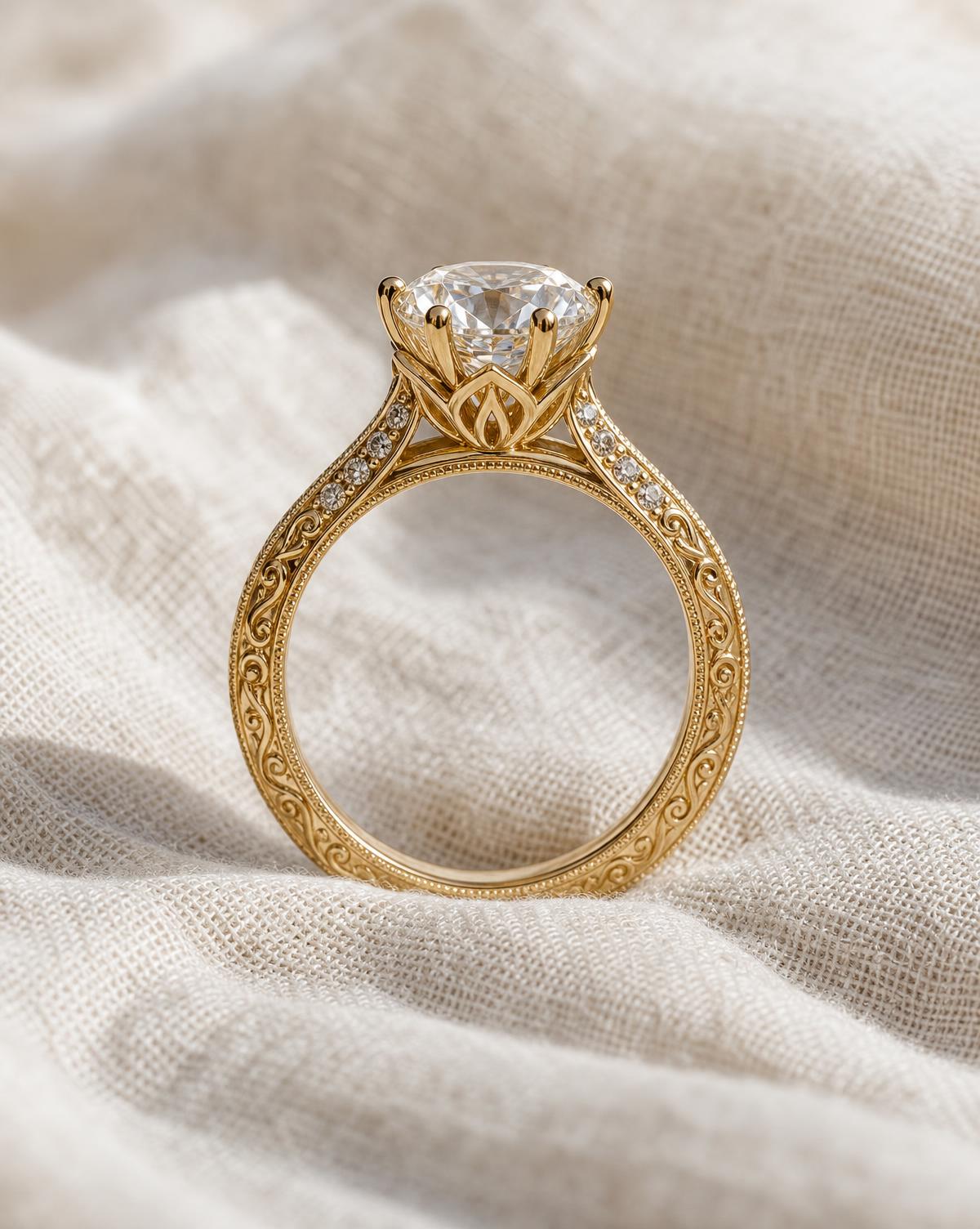 Engraved 18k yellow gold round brilliant solitaire ring standing on ivory linen