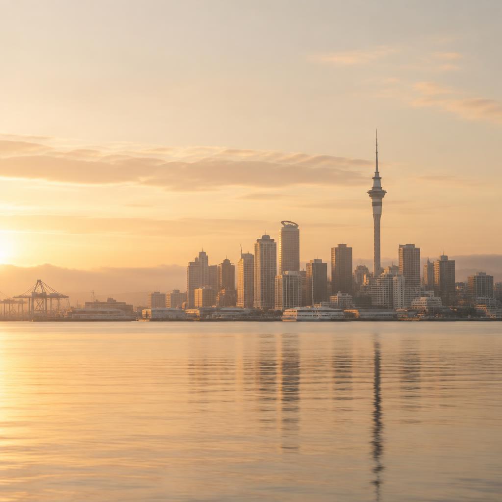 The Auckland skyline and Sky Tower across the Waitemata Harbour at dawn, in soft warm light