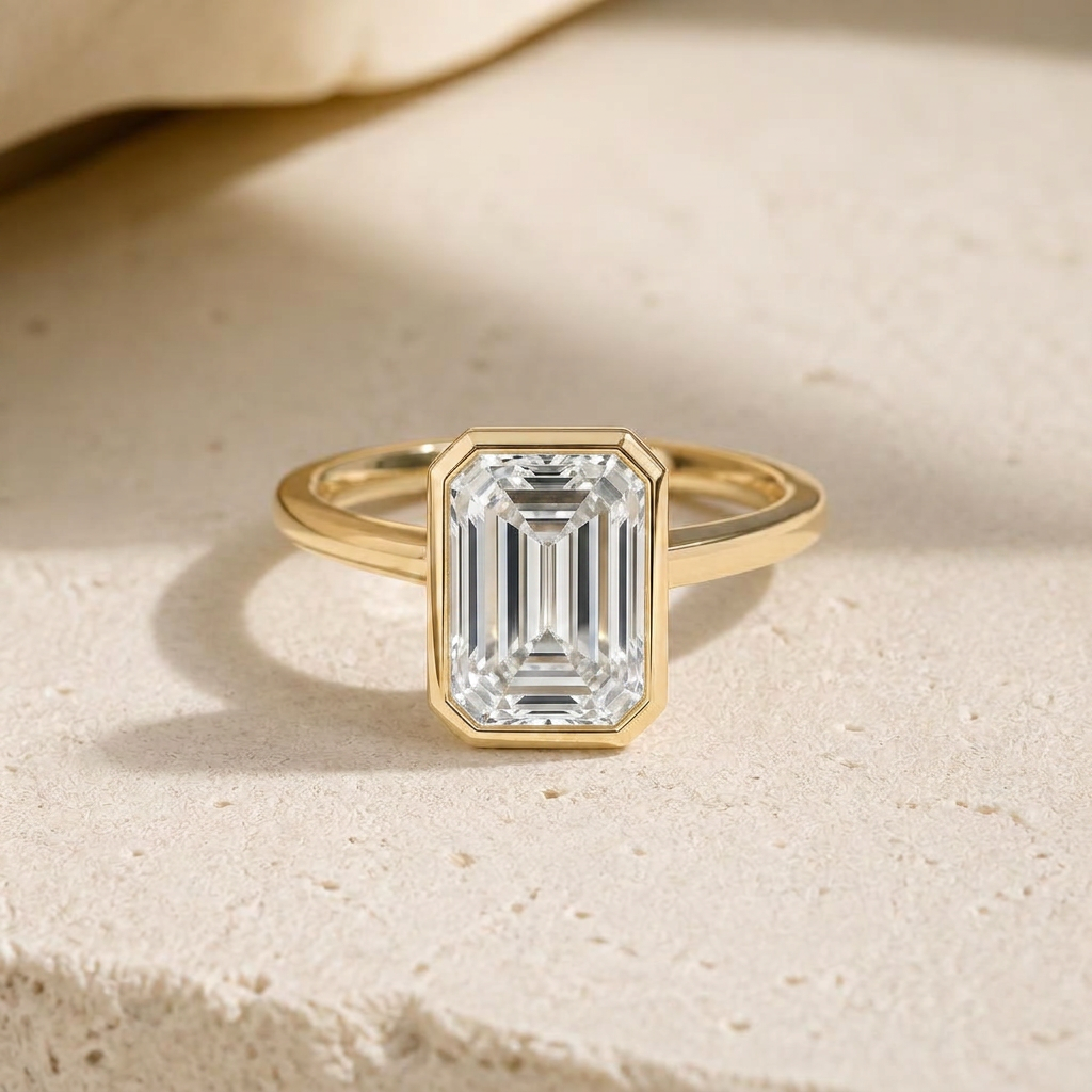 Betty Sue, a 3 carat emerald cut diamond ring in a full 14k yellow gold bezel, on a warm cream concrete slab