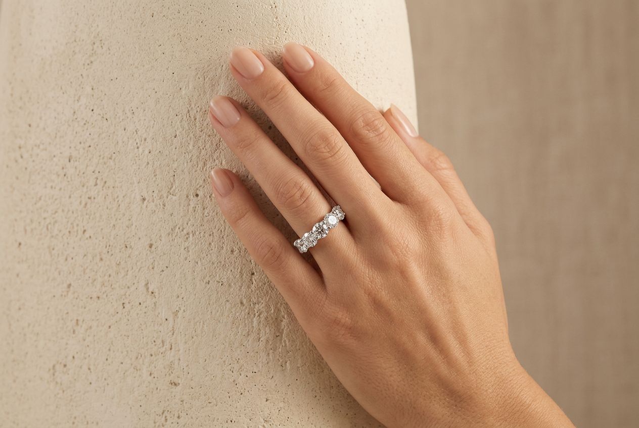 The five stone diamond band worn on a woman's wedding finger against cream concrete