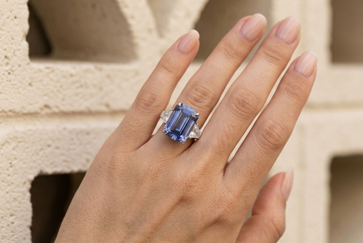 The sapphire three stone ring worn on a woman's finger against cream concrete