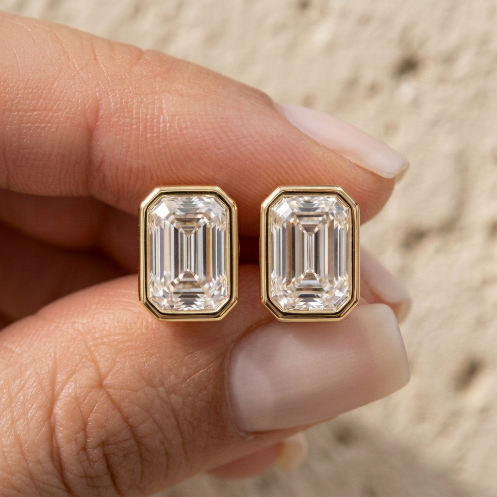 Cloud Nine emerald cut bezel studs held between finger and thumb, showing the scale of the pair