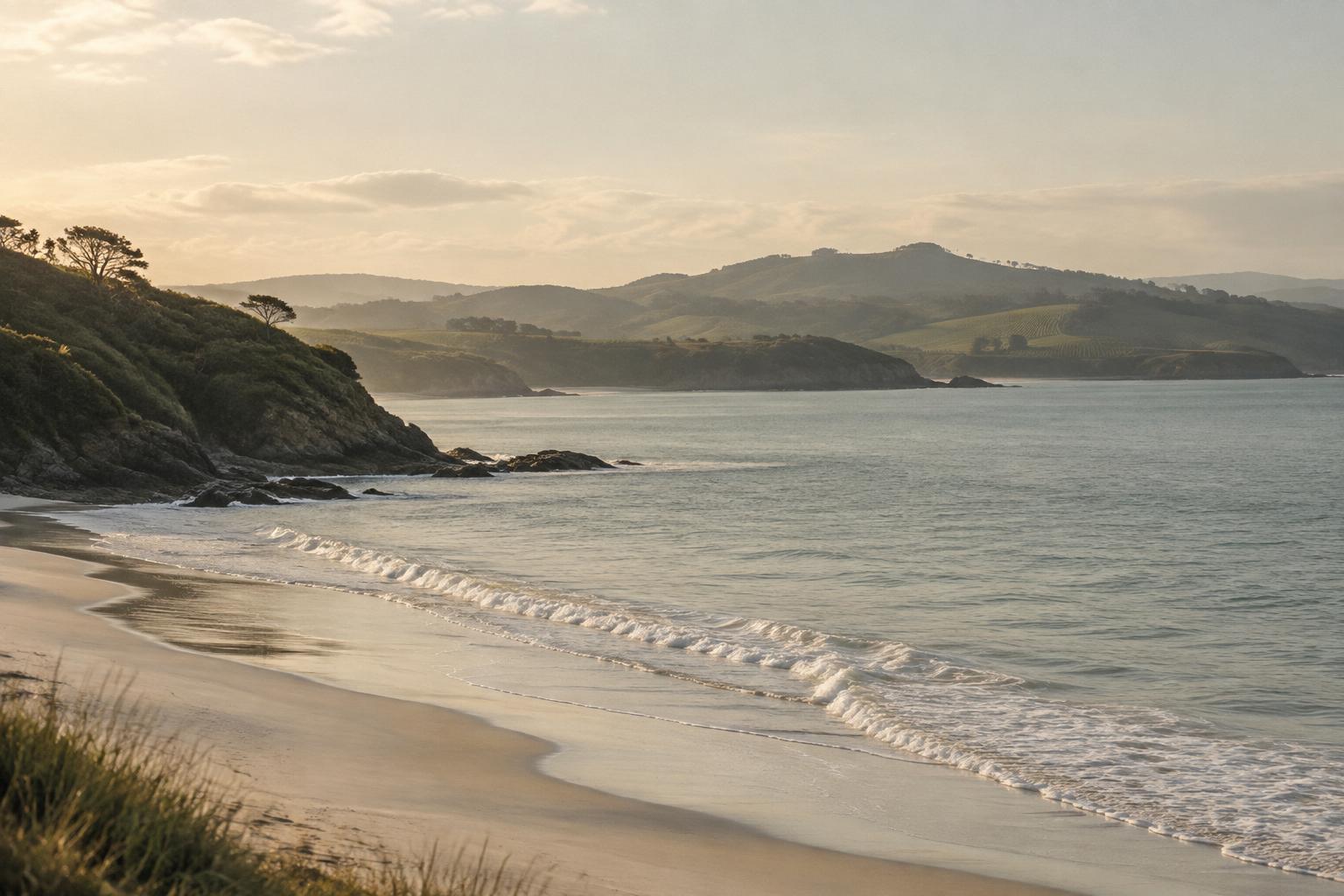 The Matakana coastline north of Auckland, calm sea, pale sand and vineyard hills in soft light