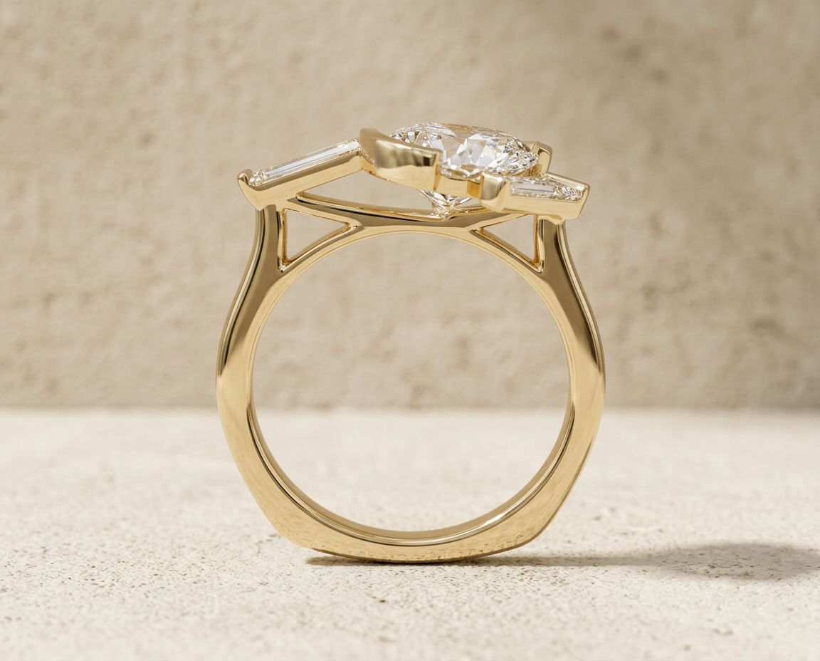 Upright view of the RW architectural pear diamond ring