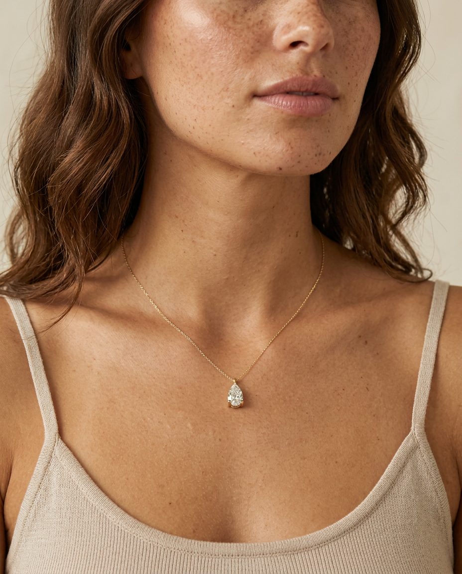 On the neck view of the RW pear pendant necklace in 14k Yellow Gold