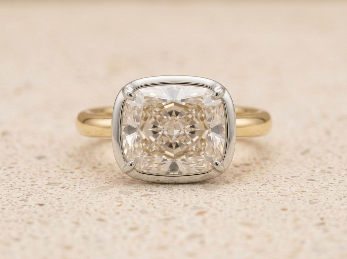 Face-on hero shot of the RW pinky dome ring, elongated cushion-cut diamond in a white gold bezel on a domed 18k yellow gold shank, on warm cream textured concrete