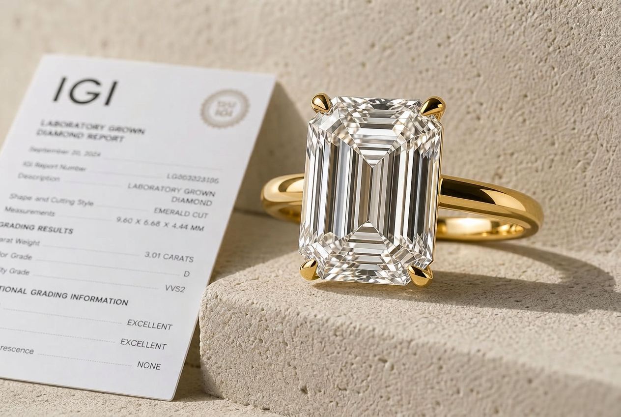 Large emerald-cut diamond solitaire ring in 18k yellow gold beside its IGI lab-grown diamond report on cream concrete