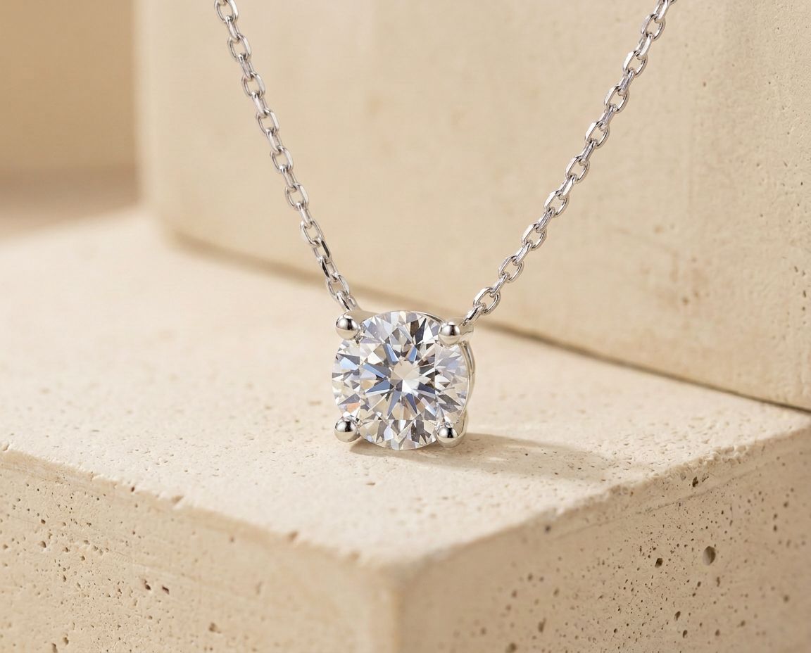 RW round brilliant solitaire diamond necklace in 9k White Gold on cream concrete, front view