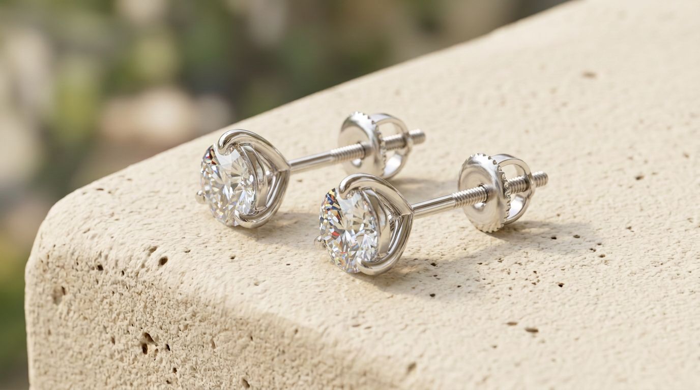 Three-quarter view of the RW diamond studs showing the threaded post and screw back, on a cream concrete ledge