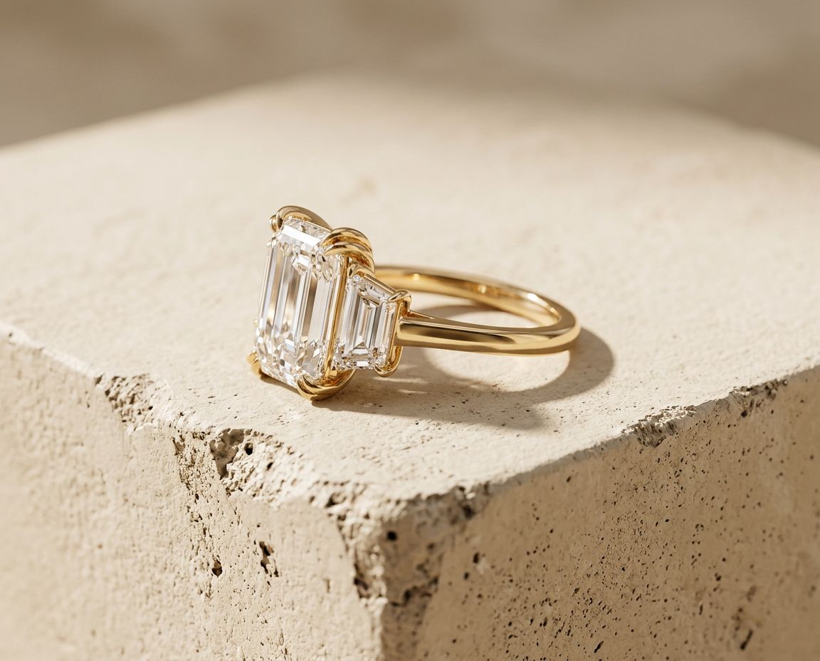 The Vivian emerald-cut three stone diamond ring in 18k Yellow Gold